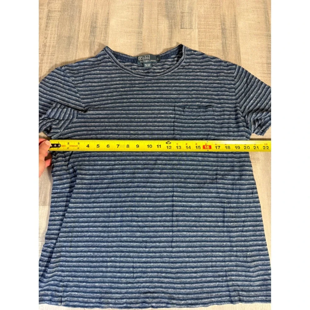 Vtg Polo Ralph Lauren Mens Blue Striped Linen Cotton Pocket T-Shirt Large Thin